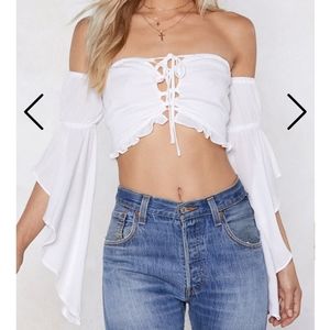 White Off the shoulder bell sleeve like crop top